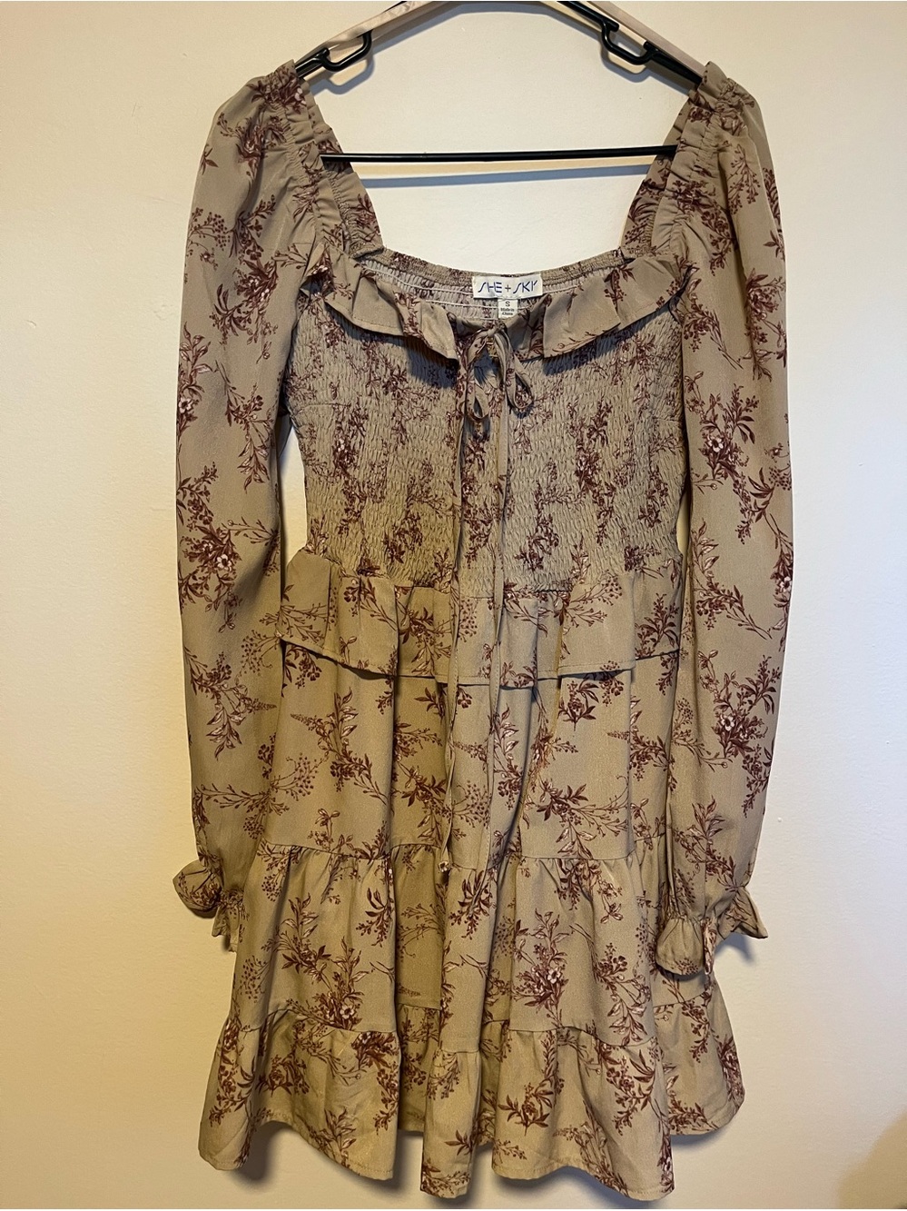 She + Sky Girls tan red Floral Smocked Tiered Dress